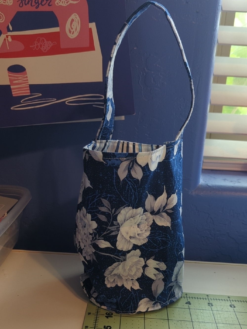 Blue Floral Gift Bag with White Flowers